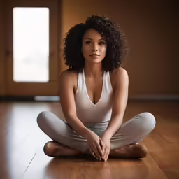 an african american woman wearing yoga pants while sitting on the floor