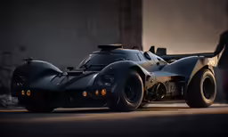 an old race car sits next to a man