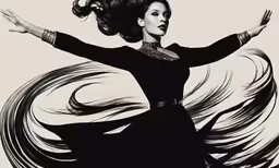an illustration of a woman in a black dress, with her arms spread out