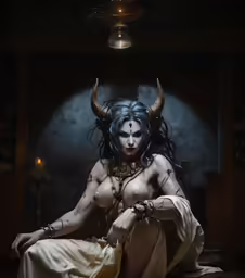 a woman dressed in demon makeup sitting on a chair
