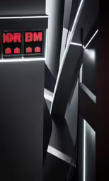 a black and red sign inside of an exhibit