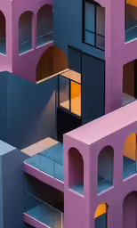 a purple structure that has multiple sections of various rooms