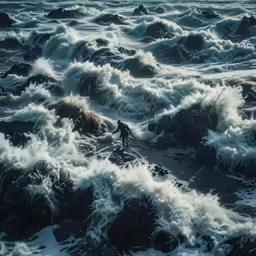 a man walks over some rocks in the water