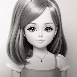a black and white photo of a doll with blonde hair