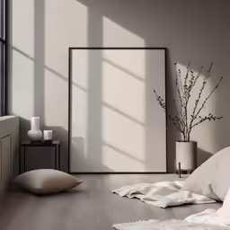 an empty room with large window and a wall hanging