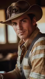there is a man wearing a cowboy hat and overalls