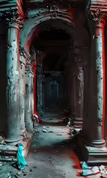 a woman in a blue dress stands next to a crumbling room