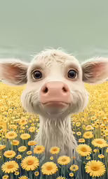 an adorable white cow in the middle of flowers