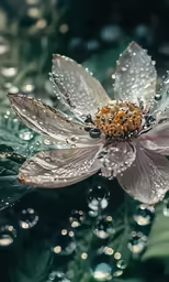 a small flower with rain droplets on it
