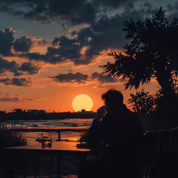 a person that is sitting at a table by some water