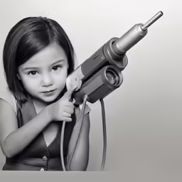 a black and white photo of a little girl holding a gun
