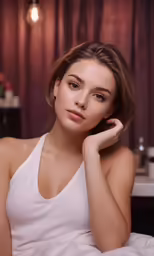 a woman in a white top on the bed