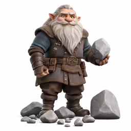 a troll with a long beard and beard, holds rocks