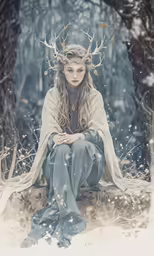 a woman with a crown of horns and blue jeans sitting in a forest