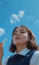 the woman in the blue dress is holding a dandelion