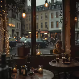 woman sitting at an outdoor cafe table in the city