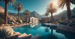 the outdoor pool has many lounge chairs around it
