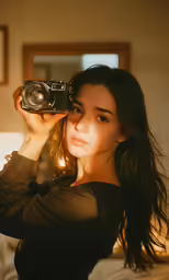 a woman is holding up a camera in her hand