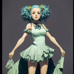 a woman with blue hair and dress on