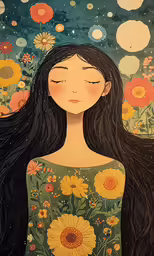 a painting depicting a woman with long black hair, sitting in front of sunflowers and bubbles