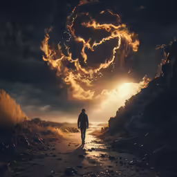 a man walking down a dirt road at sunset