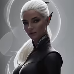 the woman in a black cats costume has white hair