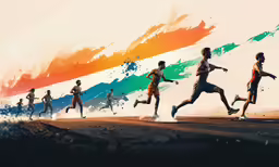 several men running together while a rainbow painted background
