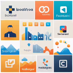 different logos that are grouped in several directions,various logos with one image and the other showing people