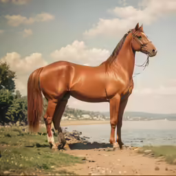 the horse is standing near the water and grass