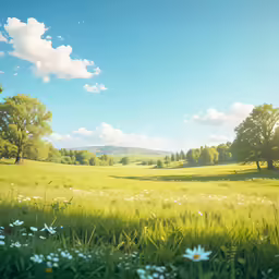 an empty field surrounded by trees with flowers and daisies