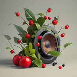 a stereo with some berries and leaves around it