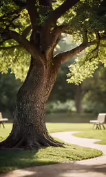 a large tree that has some benches behind it