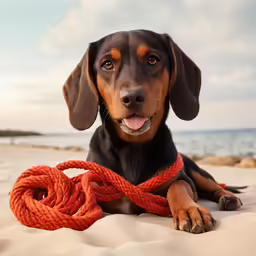 dog lying on sandy beach with red rope