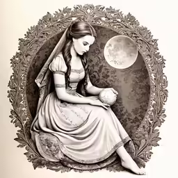 an artistic art work showing a woman in medieval clothing holding a globe