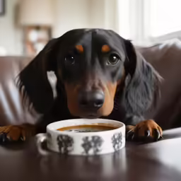 a dog is sitting on a couch eating from a cup