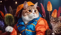 a cat dressed up like peter rabbit with some other cats