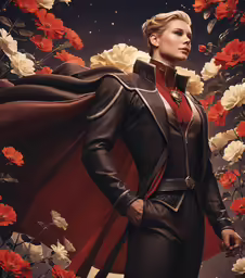 a woman in red is dressed as a man