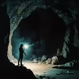a man standing in a cave with lights on