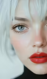 a girl with short hair and blue eyes wearing red lipstick