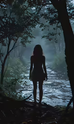a woman in the woods standing beside a stream