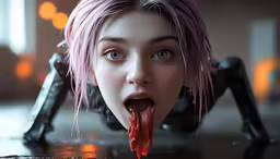 a woman with a mouth full of blood dripping from her tongue
