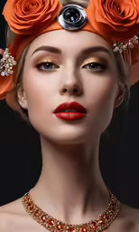 a woman with red lipstick and orange accessories on her head