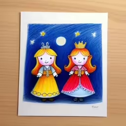 this paper work features two children in dresses,two young girls wearing colorful dresses and crown in front of the moon