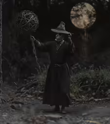 an old wizard wearing a hat holding a staff with a skull