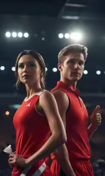 the athletes in red are ready to start the race