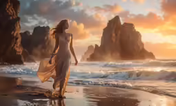 a woman is walking on a beach by rocks