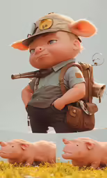 a cartoon character holding a rifle in front of four pigs