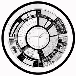 a large clock inside of a round black and white frame