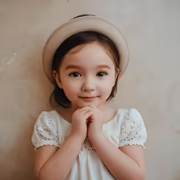 a small girl standing with her hands together