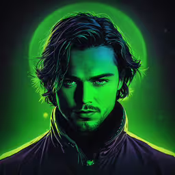 a man wearing a jacket with green background,a drawing of a man in a leather jacket with a green background